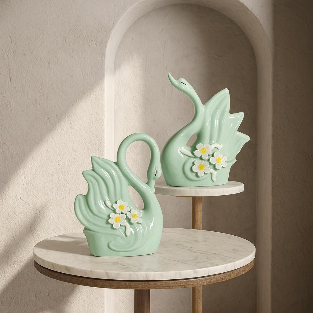 Niedliche luxuriöse hellgrüne Schwanenpaar-Keramik-Kunstfigur | Schöne Wohndekoration (2er-Pack, Hellgrün)