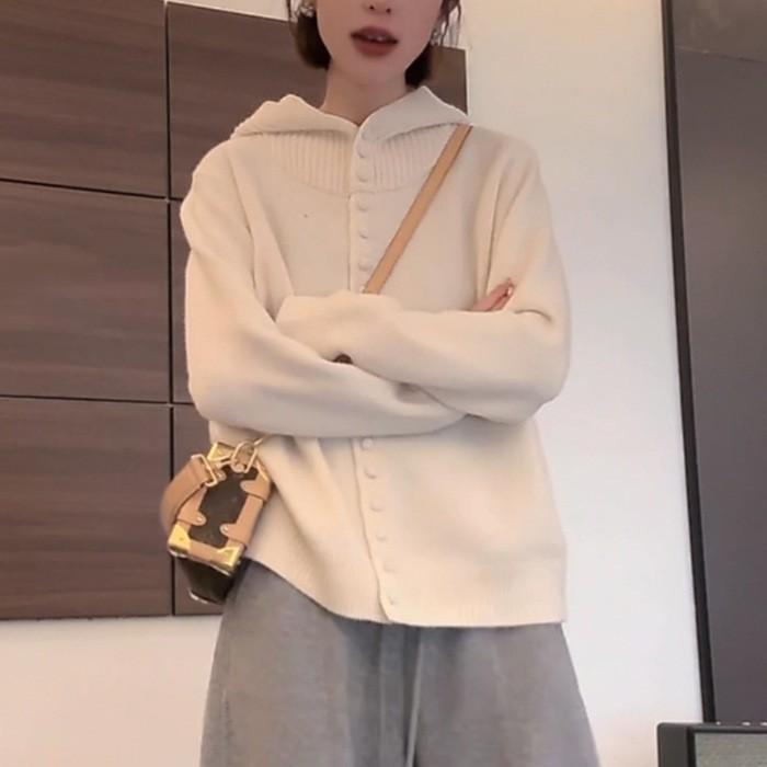 Women Autumn Hooded Sweater Lazy Style Soft Knitted Cardigan Solid Simple Outerwear