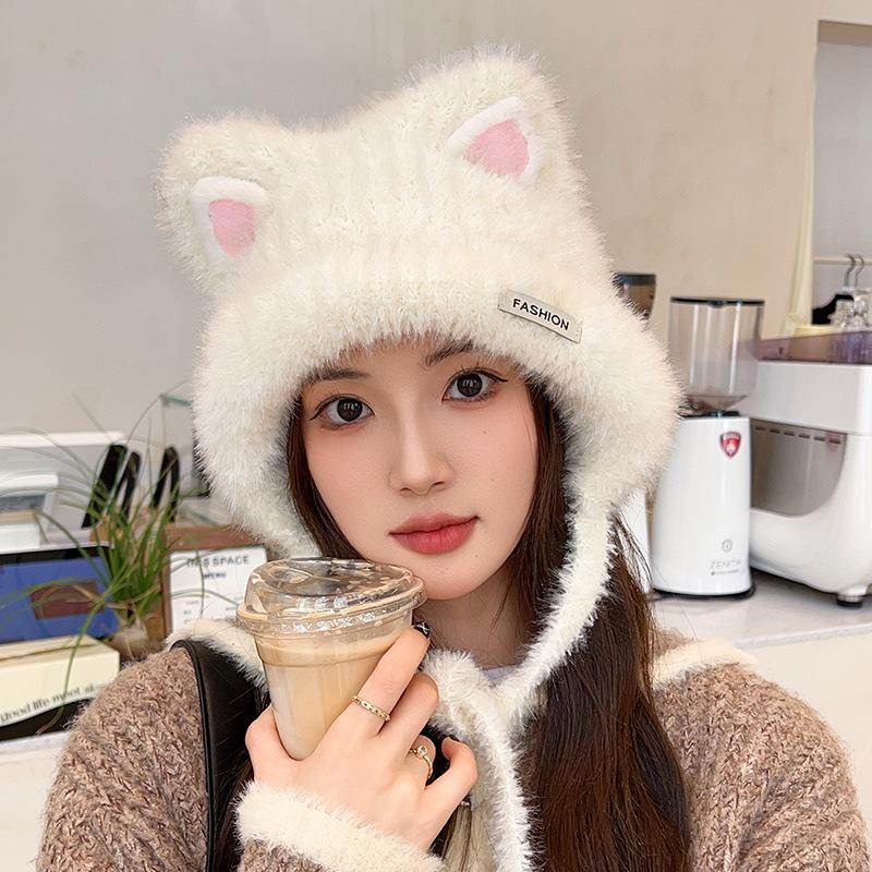 

Милая шапка с кошачьими ушками и клапанами для ушей, мягкая и удобная шапка-балаклава, универсальная и теплая шапка для защиты ушей на открытом воздухе M（56-58cm）