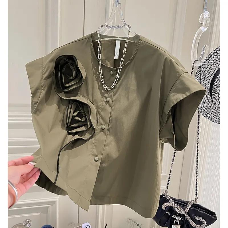 

Женская летняя дизайнерская рубашка с круглым вырезом и цветами, однотонные свободные простые топы в стиле темперамент 2XL темно-зеленого