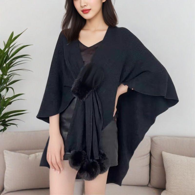 European and American Fur Collar Knitted Pom-Pom Cardigan Shawl