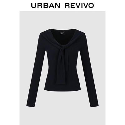 UR Women's Urban Casual Shawl Tie V-Neck Long Sleeve T-Shirt