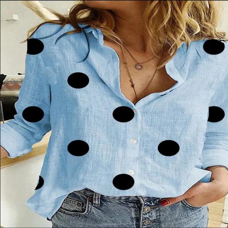 YYFS Women's Fashion Casual Spring Autumn Polka Dot Print Long Sleeve POLO Neck Blouses & Shirts