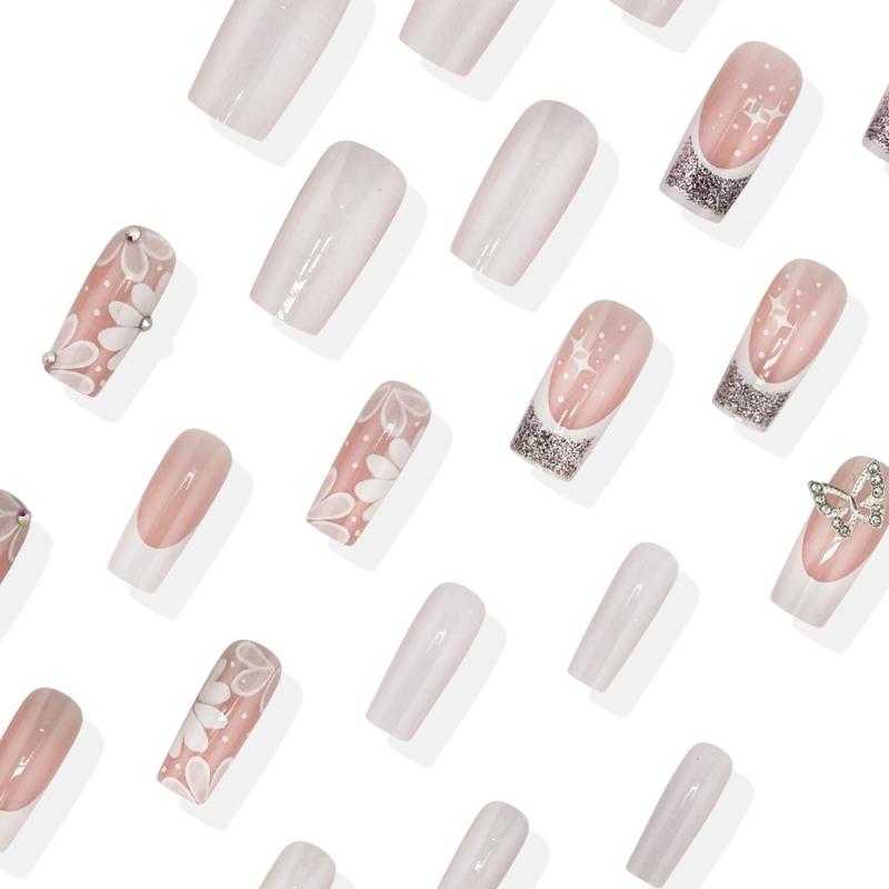 24pcs Simple Yet Stylish Press On Nail French 3D Rhinestones Butterfly and Floral Design Stick On Nail for Celebrations