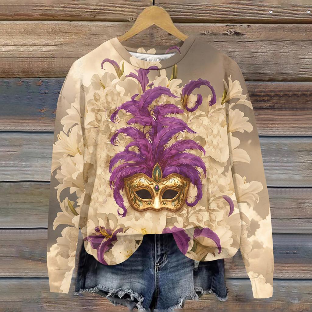 Damenmode Bedrucktes Langarm Locker Rundhals Sweatshirt Top