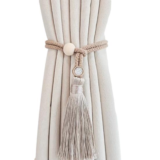 Bohemian Curtain Tiebacks Handwoven Rope with Tassels & Wood Beads Decorative Window Holdbacks for Living Room Bedroom Home Decor