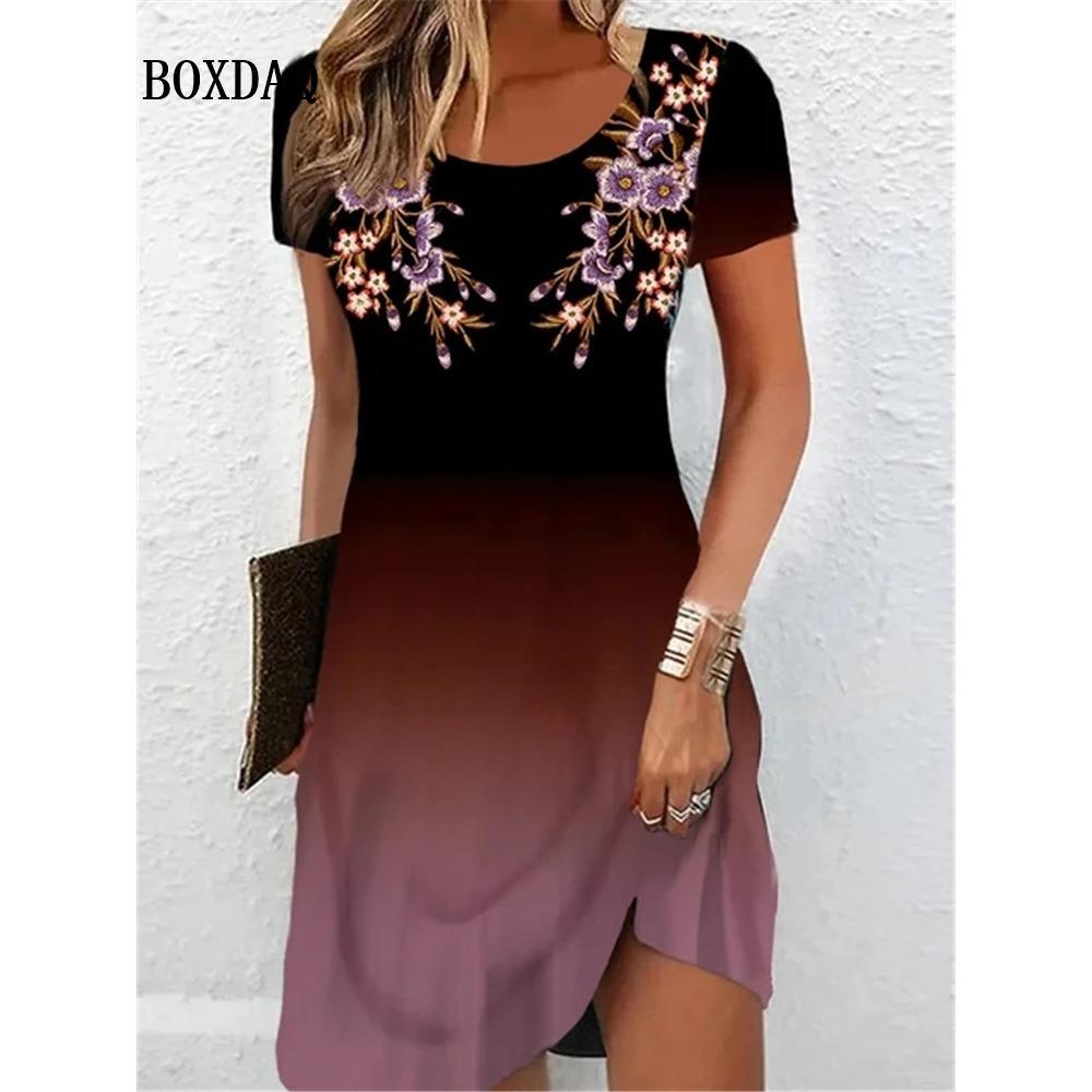 2026 New Fashion Women s Summer Short-sleeved Dress Gradient Floral Print Elegant Loose Casual Round Neck Dress S
