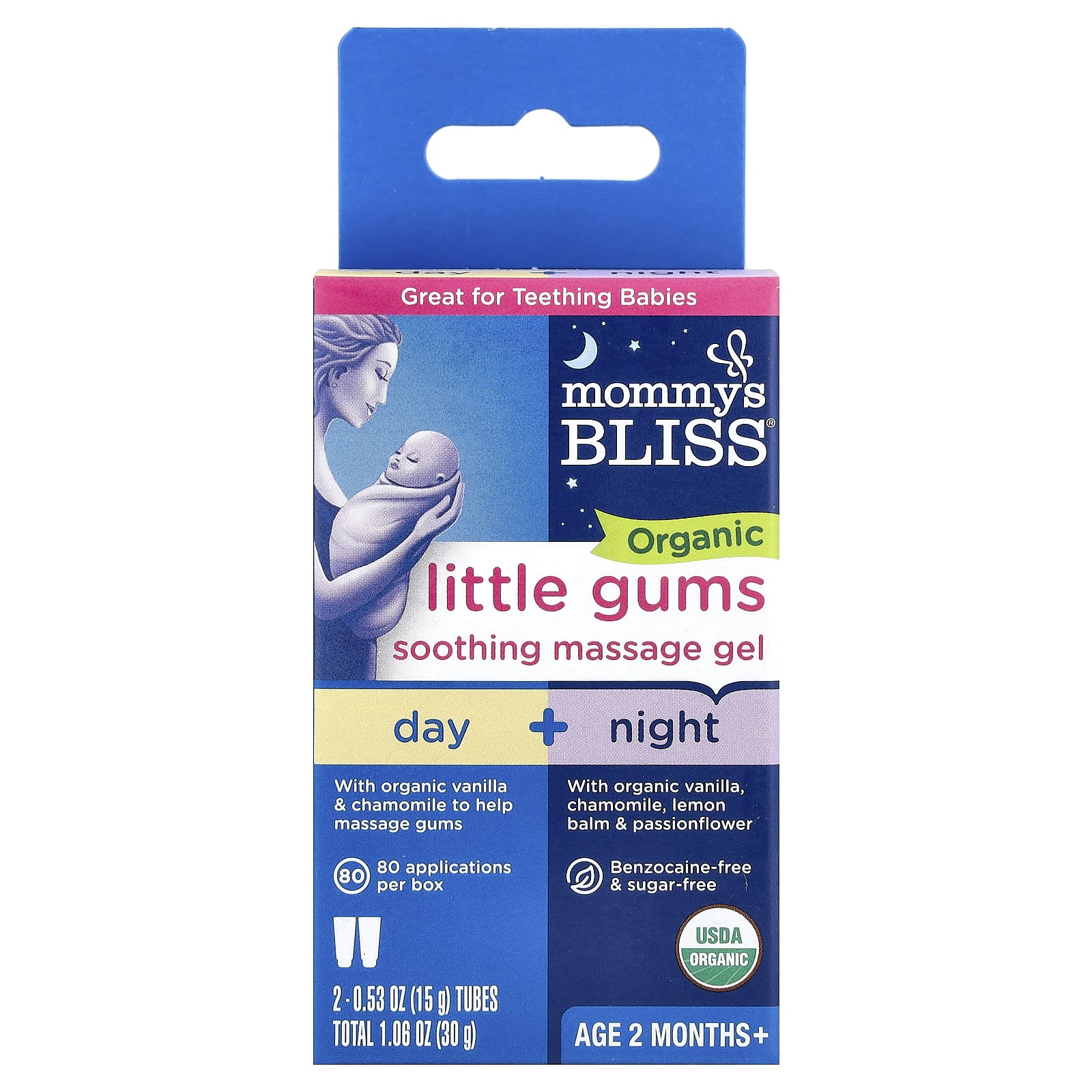 

Mommy S Bliss, Органический гель для прорезывания зубов, Успокаивающий массажный гель, Дневной/Ночной набор, 2 месяца+, 2 тюбика, 15 г(0.53 унции) Каждый