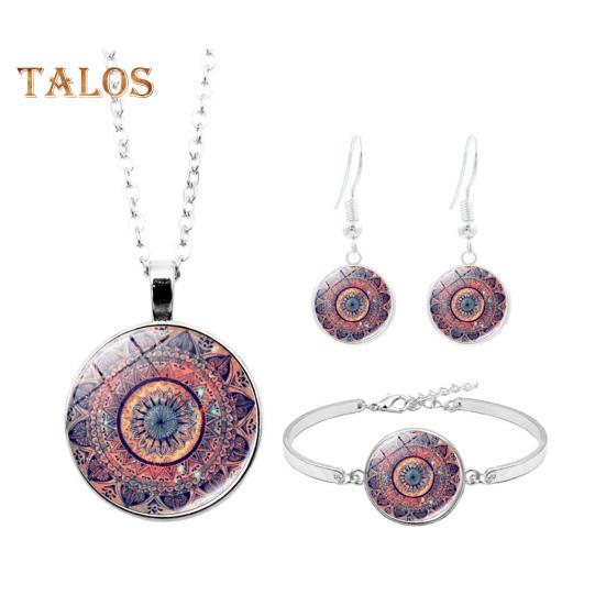 1 Set Women Jewelry Set Flower Print Glass Pendant Vintage Ethnic Style Prom Party Earrings Necklace Bracelet Combo Ideal Christmas Gift