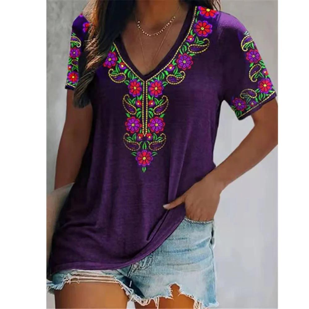 2025 Hot Selling Europe America Women's T-shirt Summer Bohemian Printed V-neck Short Sleeve Loose Casual Vacation Daily Top