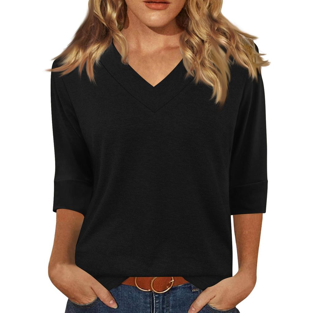 Women's Fashion Casual V Neck 3/4 Sleeve Loose Printed T-Shirt Ladies Top