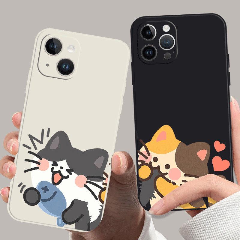 Cute Cat Couple Phone Case For IPhone 15 14 13 12 11 Pro Max Mini X XR 7 8 SE Plus SE20 Kawaii Cartoon Animal Spotted Cat Covers