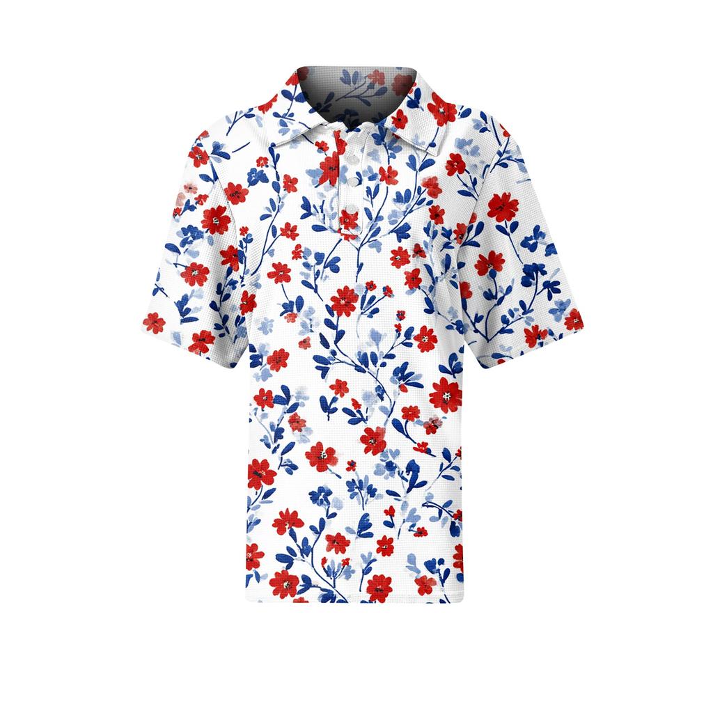 Dam Kortärmad Blommig Stickad Topp med Krage Knäppning Casual Lös Passform Blus för Dagligt Bruk Kontor Resor