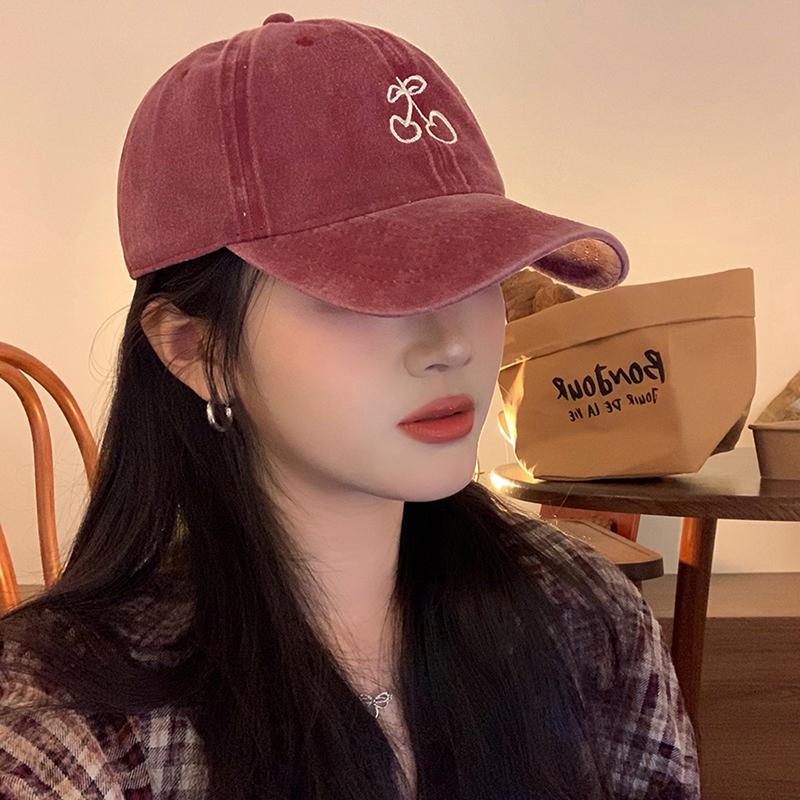 Cherry Embroidery Baseball Hat For Women Girl Long Brim Snapback Duck Tongue Hats Soft Washed Cotton Outdoor Visors Peaked Cap