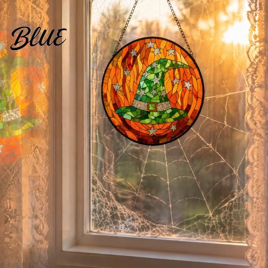 Ghost Lantern Props Halloween Stained Glass Suncatcher Ornament Vintage Hanging Window Decor with Pumpkin Bat Witch Weather Resistant Yard