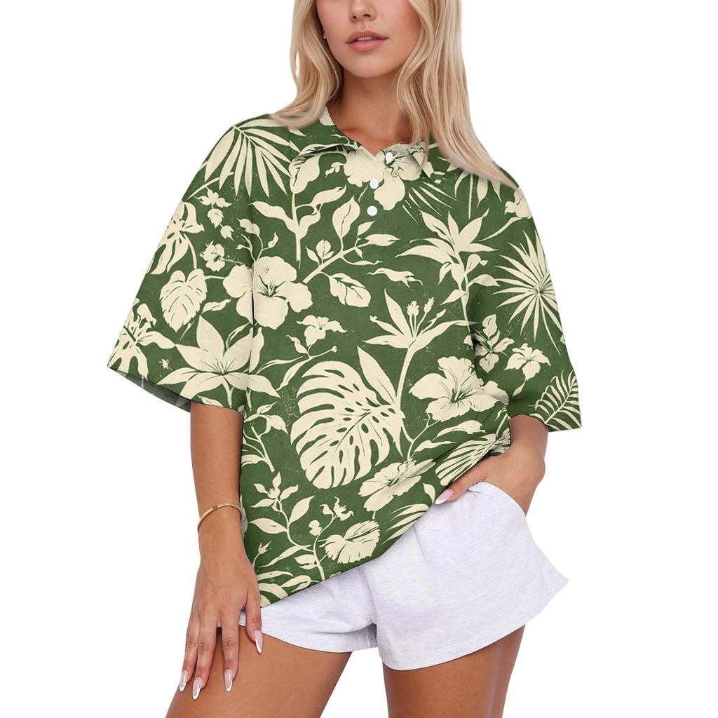Women’s Fashion Casual Polo Collar Loose Fit Top Short Sleeve Floral Print Blouse Relaxed Lapel Shirt for Daily Wear