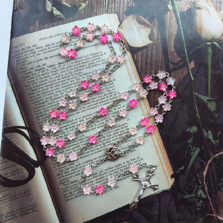 Unisex Long Rosary Beads Chain Crosses Pendant Catholic Crucifix Charm Necklace Flower Beads Neckchain Jewelry Gift
