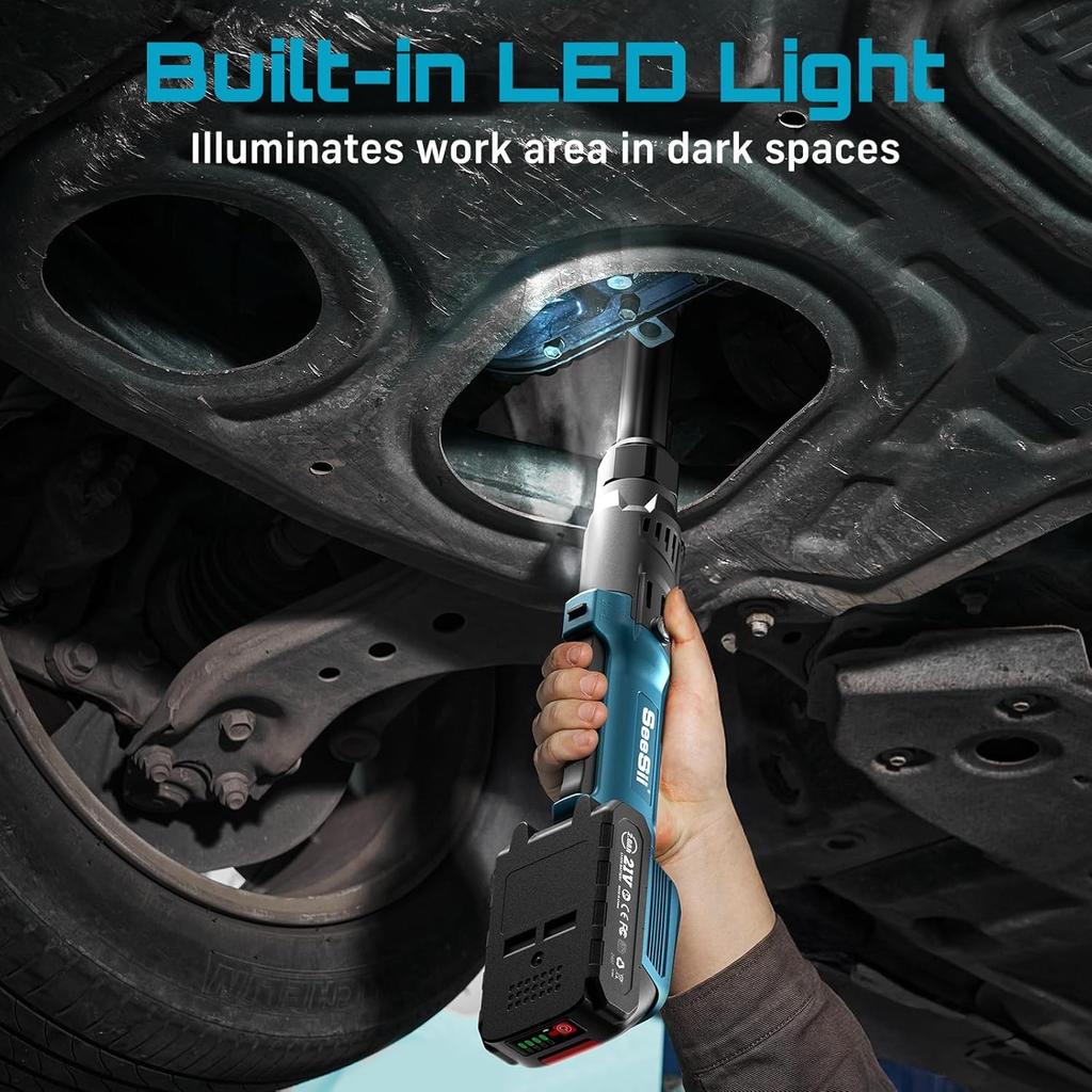 Seesii 6.3'' Extended Electric Ratchet Wrench 3/8" Cordless Electric Wrench 80Nm 21V  Rechargeable Angle Wrench Car Repair Tools