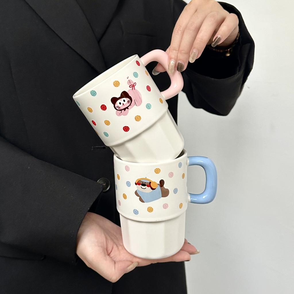 Søt Prikkete Dukke Valp Sugerørskopp Keramisk Krus med Lokk Par Drikkekopp Praktisk Bursdagsgave til Jenter