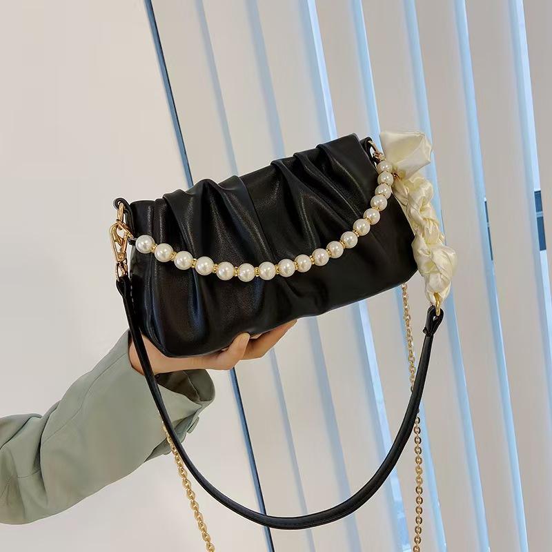 Fashion Foreign Style Cloud Bag Pearl Underarm Bag Pleated Bag Women'S Chain Clutch Bag Oblique Span Shoulder Bag
