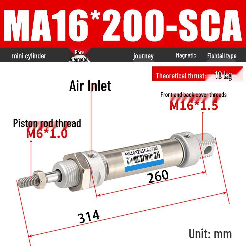 Mini Stainless Steel Pneumatic Cylinder MA Series (16-40mm Bore, 50-200mm Stroke)