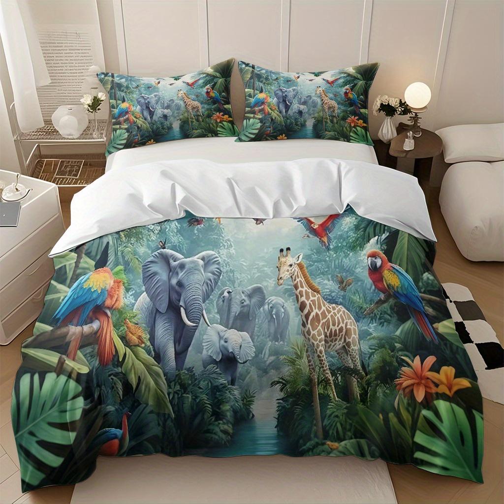 

Jungle Animal,Parrot,Elephant,Giraffe Pattern Down Duvet Cover Set - Fashionable Classic Popular Digital Printed Bedding Set EU Twin(135x200cm)