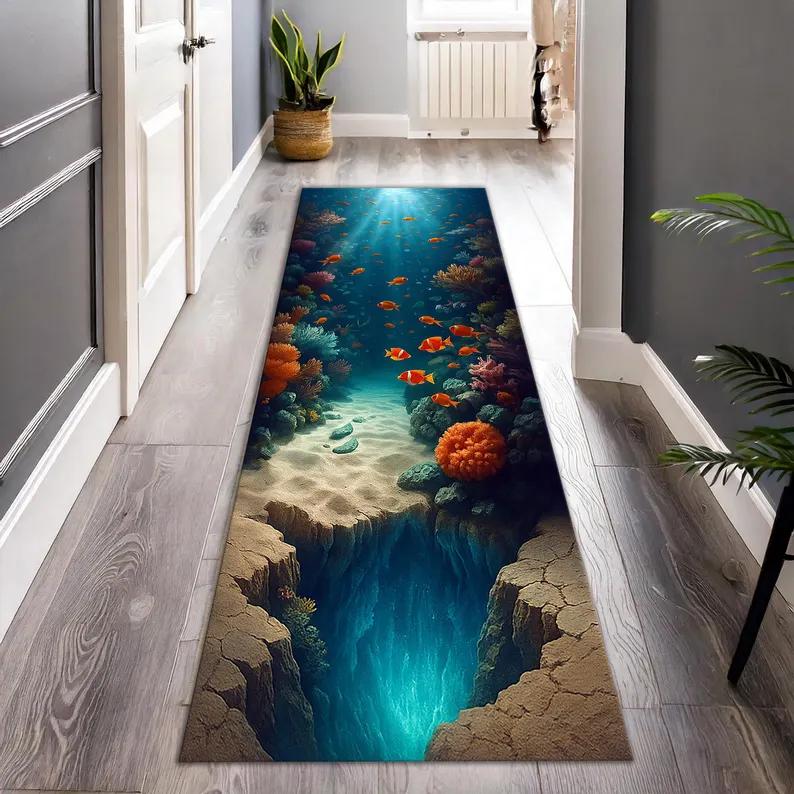 Dywanik Mat Mata Wodny Strumień 3D Dekoracja Domu Wzór Skały Niebieski Iluzja Mata Podłogowa do Korytarza Dywaniki do Sypialni