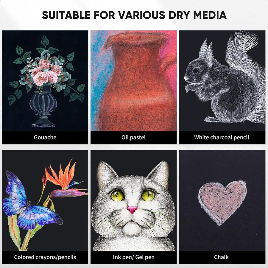 Crtiin 100 Sheets Black Sketch Drawing Paper Heavyweight 150 GSM 100 Lbs Artist Drawing Paper Sketchbook for Colored Pencil Oil