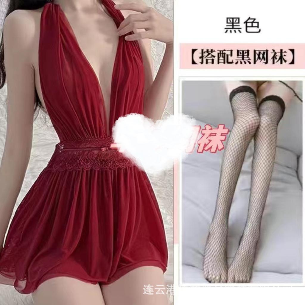 New perspective sex fun sexy mesh perspective low-cut backless women's loungewear set A93