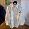 Korean Version of European Cartoon Embroidered Shirt Women's Autumn Design Cotton Large Version Long-sleeved Shirt Lazy Cardigan Top
