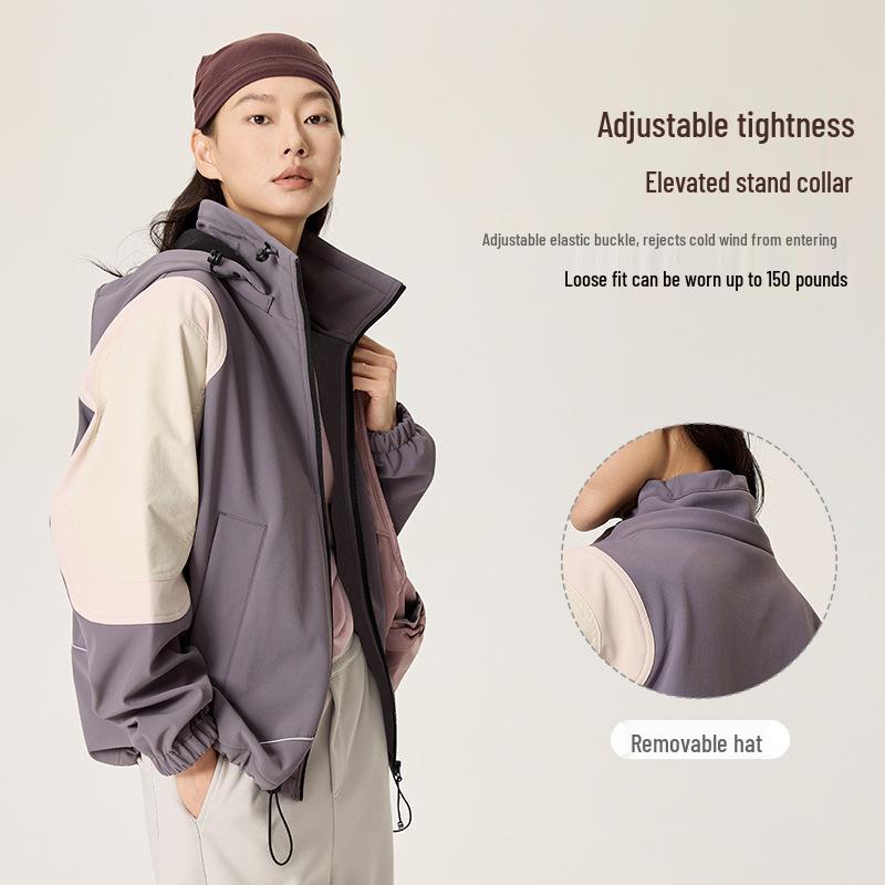 Colorblock Water-Repellent Softshell Jacket with Elastic Hem and Fleece Lining