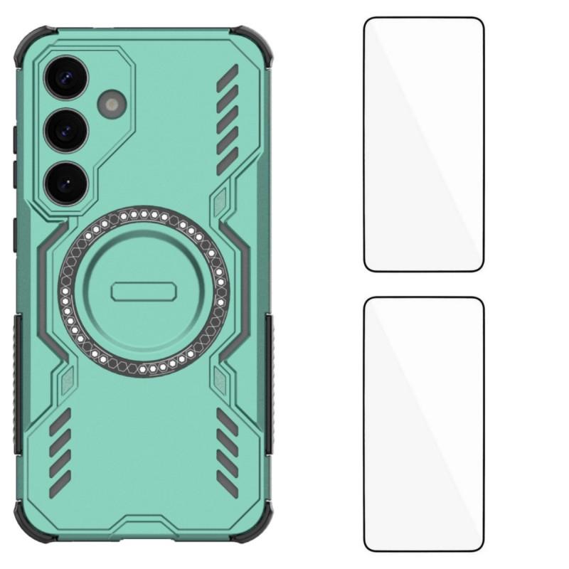 For Samsung Galaxy S25+ Magnetic Case WANLONFENG DJ Series PC TPU Phone Cover with 2Pcs Tempered Glass Film