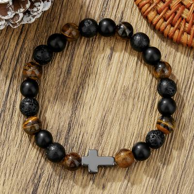 Natural Stone Beaded Bracelet with Cross Charm Elastic Stretch Band Handmade Jewelry for Men and Women