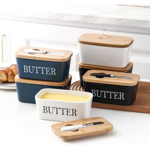 Butter Case, Storage Container with Knife, Wooden Case and Ceramic Butter Holder, Butter Knife Box, Kitchen Storage, Condiment Storage Container, Scan