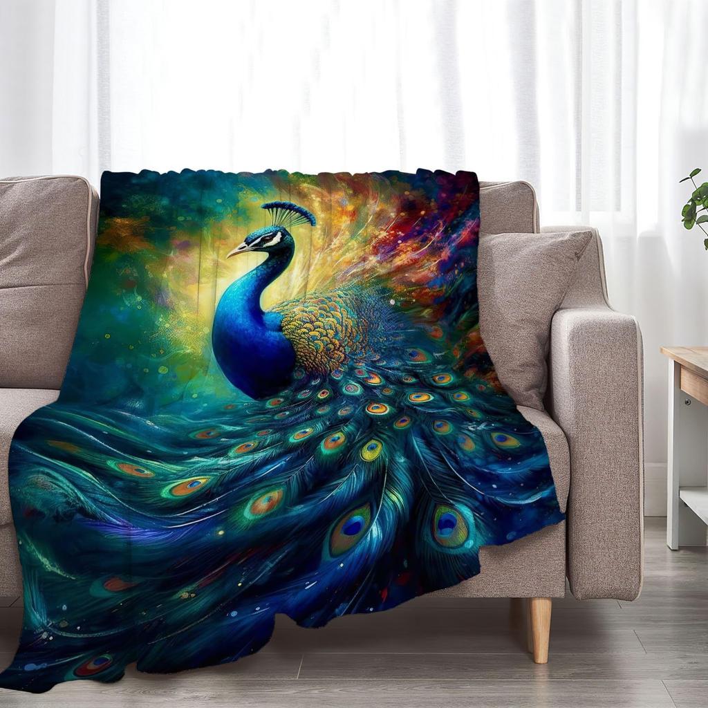 Peacock Pattern Collection Digital-printed Polyester Bedroom Velvet Flannel Cover Blanket Fleece Soft Cover Blankets for Beds