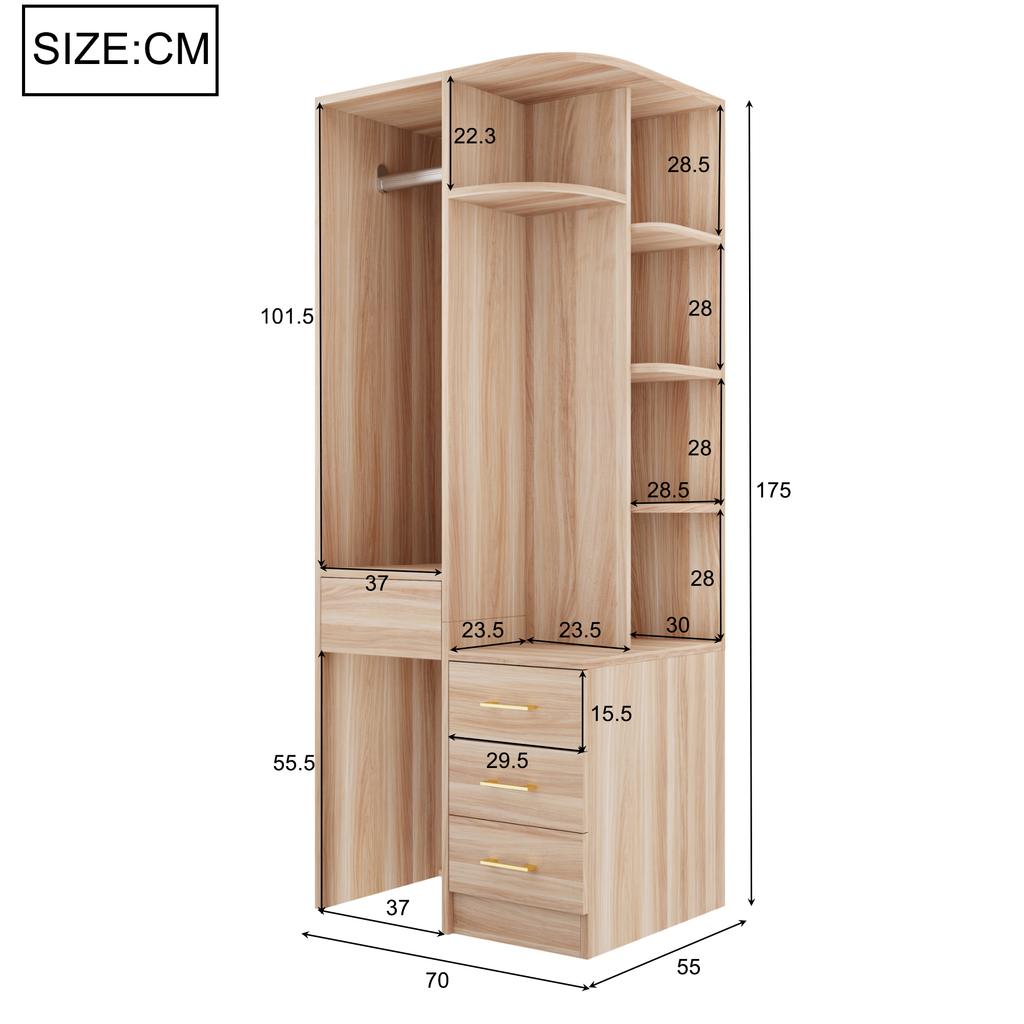 Kleiderschrank 70 × 55 × 175 cm, Mehrere Fachböden, Großer Kleiderstangenbereich, Holzfarbe