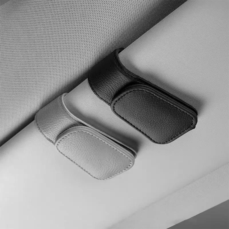 Leather Sunglasses Holder for Car Sun Visor Eyeglass Holder Ticket Card Clip Magnetic Car Glasses Holder Car Visor Accessories