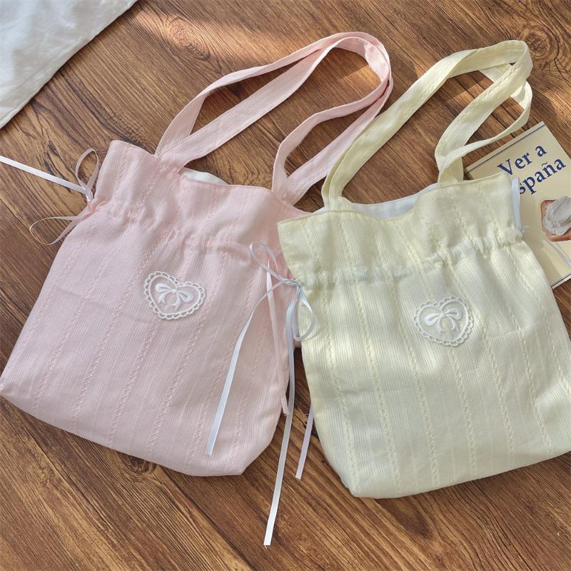 Sweet Bowknot Girls Drawstring Shoulder Bags Heart Embroidery Lightweight Women's Handbags Portable Female Tote Shopping Bag
