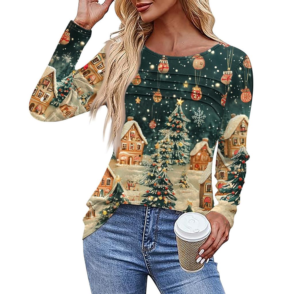 Ladies' Casual Fashion Printed Round Neck Long Pleated T-shirt Top Christmas