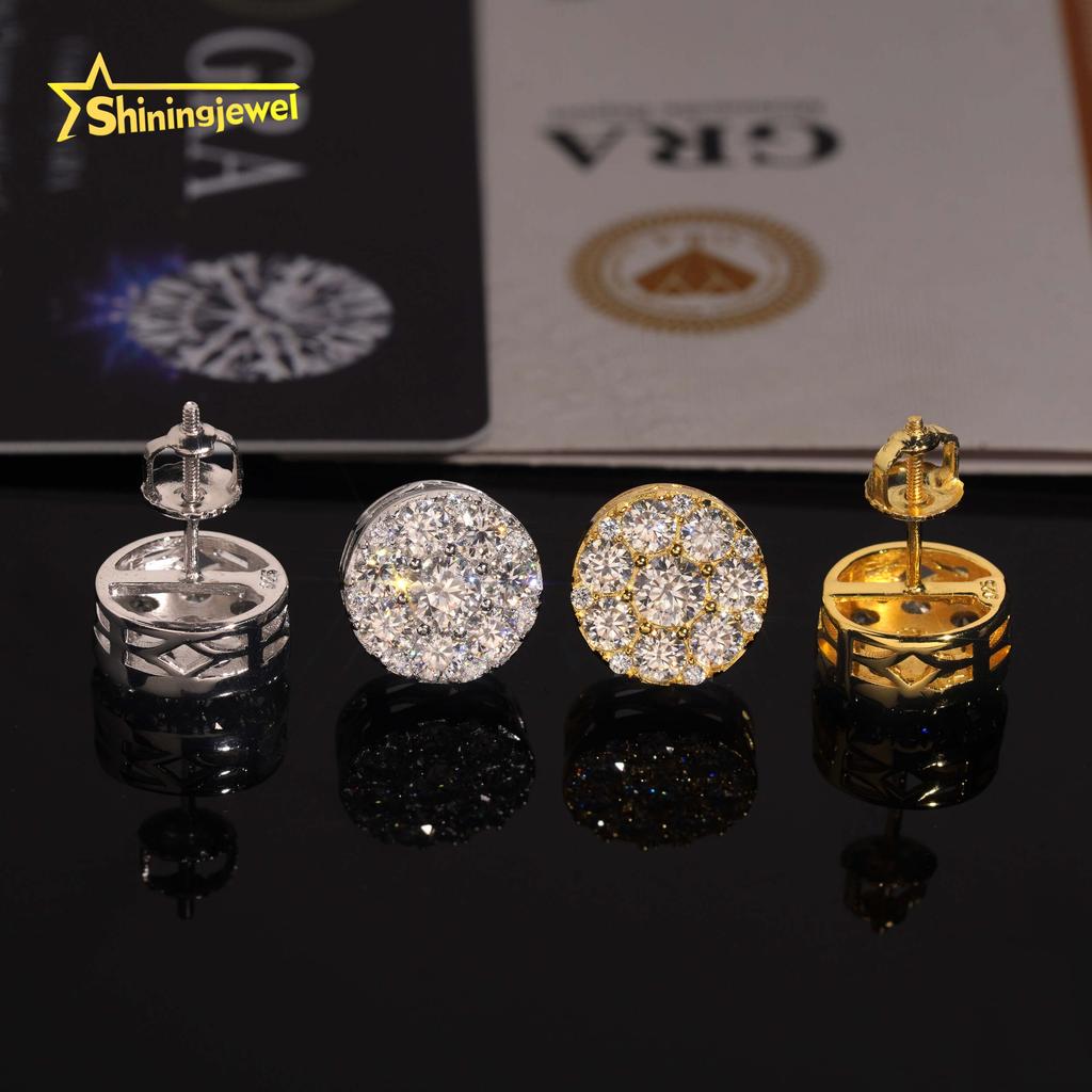 American Local Warehouse Moissanite 10mm 11mm Stud Earrings Real Gold Plated Cluster Ear Studs Hip Hop 925 Silver