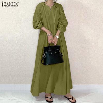 Damen V-Ausschnitt Locker Langarm Lässiges Langes Kleid