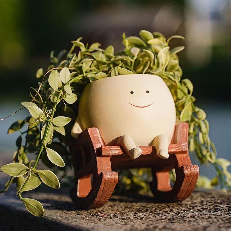 1PC Cute Ceramic Succulent Pot – Smiling Rocking Chair Style Mini Planter for Home Garden Decor