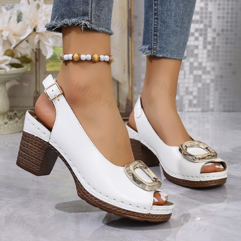 Large Size Women's Sandals 2025 Summer New Comfortable Height Increase Chunky Heels Buckle Strap Luxury Elegant Pumps