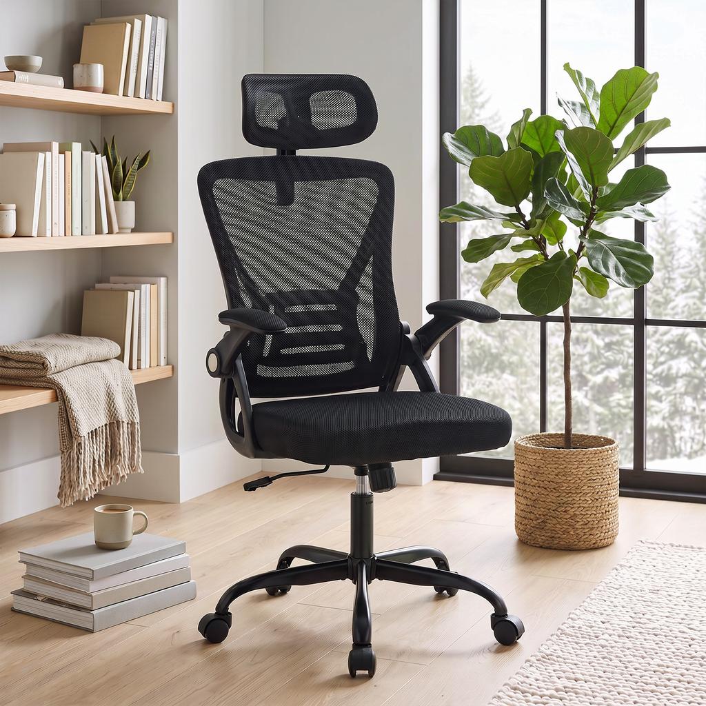 Ergonomic Office Chair, Flip-Up Armrests, Headrest, Tilt, Adjustable Height, 59 X 62 X 125 Cm, Black