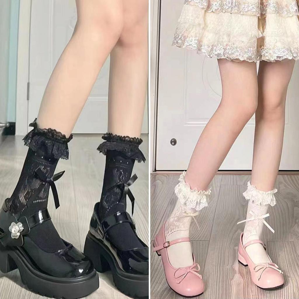 Summer Thin Lace Mid Tube Socks Sweet Bow Hollowed Ballet Calf Socks Lolita White