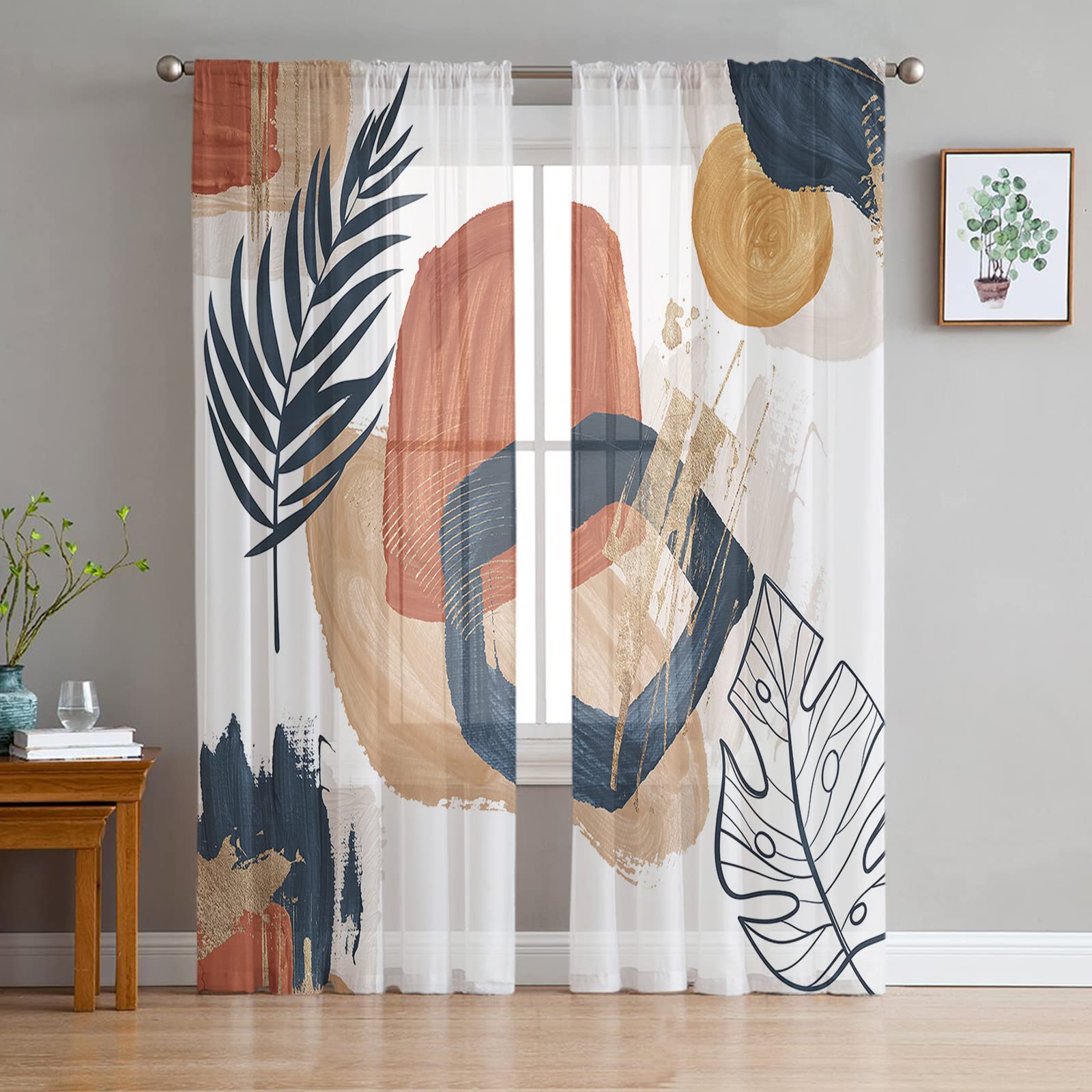 

2 Panels Set Kitchen Curtains Rod Pocket Semi Sheer Drapes For Bedroom Living Room, Voile Window Abstract Curtains Decor 70x115CM