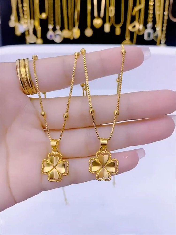 Copper Plated Gold Four-Leaf Clover Pendant: Elegant Double-Sided Minimalist Design