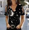 Women V Neck Cold Shoulder Blouse Black White Sun Moon Star Celestial Print Top