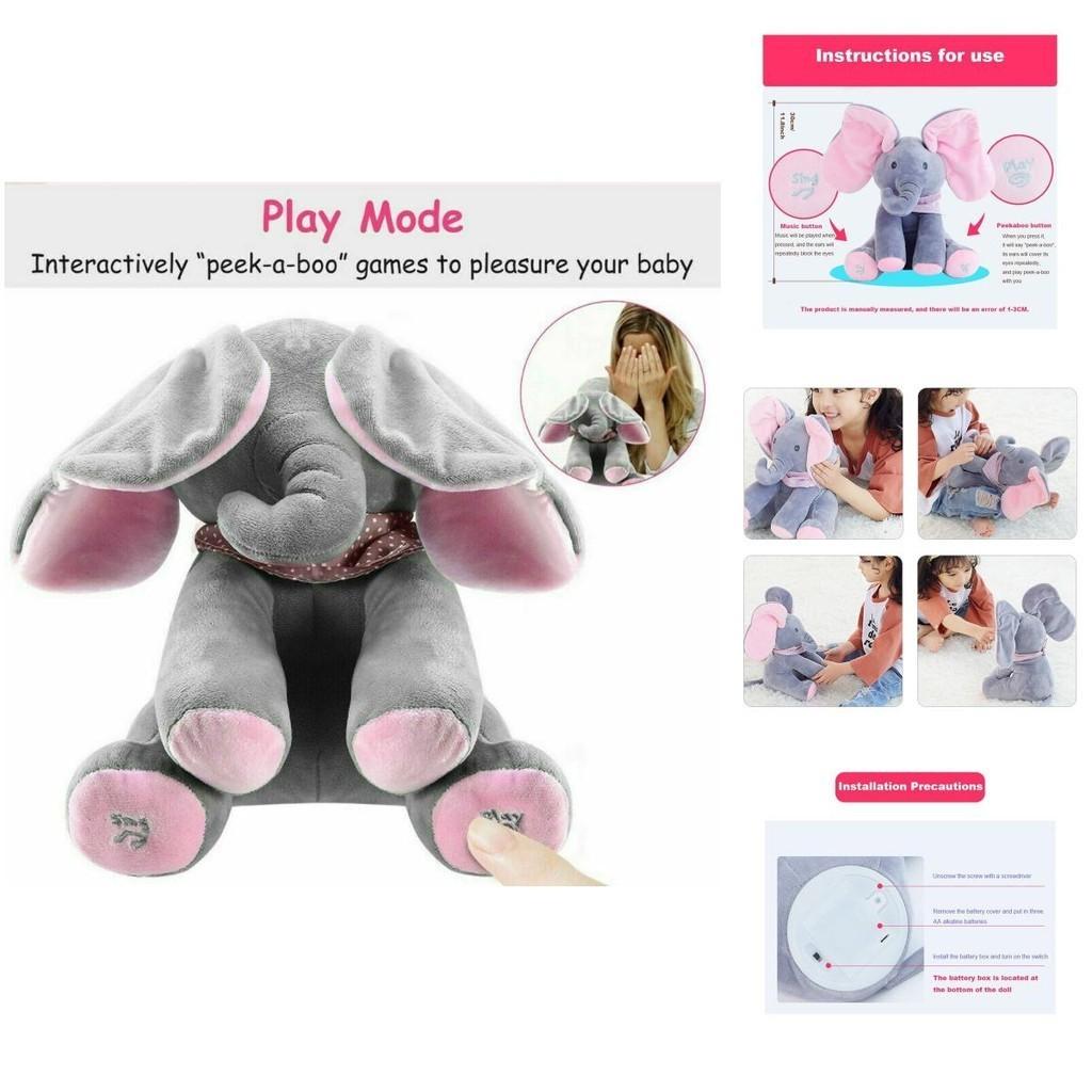 Elefant adorabil cu jocul „Peek-a-boo” și cântec, jucărie de pluș pentru bebeluși și copii, în roz și gri