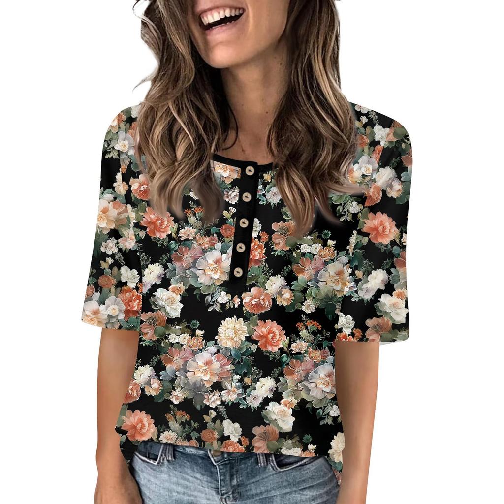 Shirts For Women Trendy Round Neck Button T Shirts Printed  Blouse Half Sleeve Tops For Women